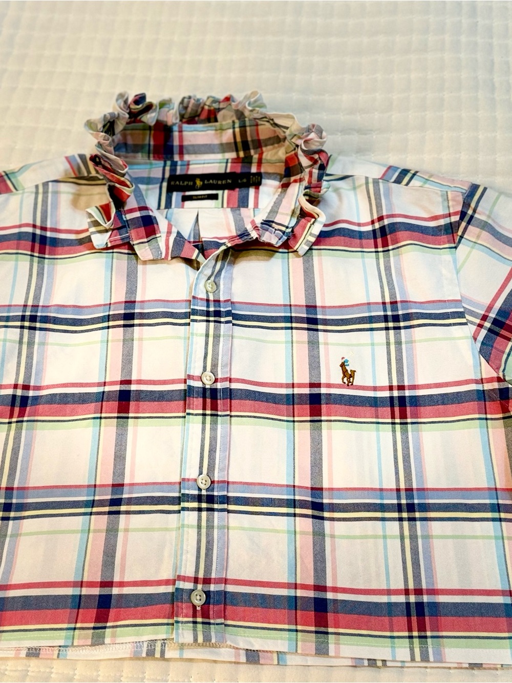 Upcycled Polo by Ralph Lauren Pastel Pink & Blue Plaid Button-Down Crop Shirt - Picture 8 of 9